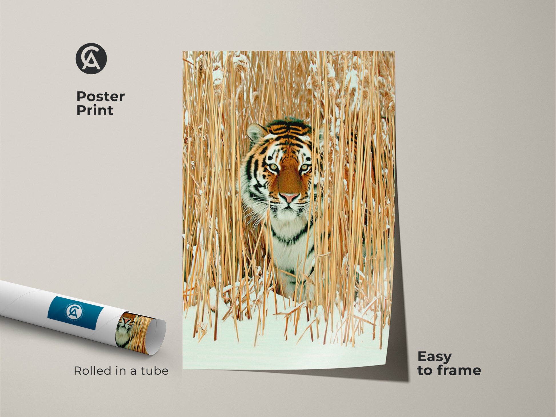 Poster print of a tiger in winter reeds. Easy to frame wildlife art captures a realistic big cat in a snowy habitat. Rustic animal decor in orange brown and gold adds charm. Perfect for nature inspired home decor and tiger lover gifts.