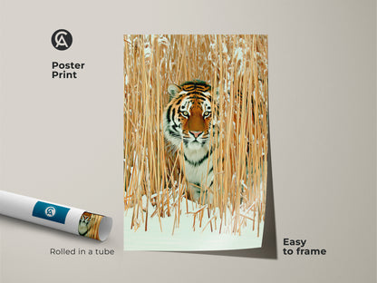 Poster print of a tiger in winter reeds. Easy to frame wildlife art captures a realistic big cat in a snowy habitat. Rustic animal decor in orange brown and gold adds charm. Perfect for nature inspired home decor and tiger lover gifts.