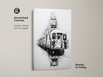 A stretched canvas showcases urban line art of a subway train with mirror edges ready to hang. The black white sketch art has an industrial loft aesthetic. This transportation art print adds modern urban decor.