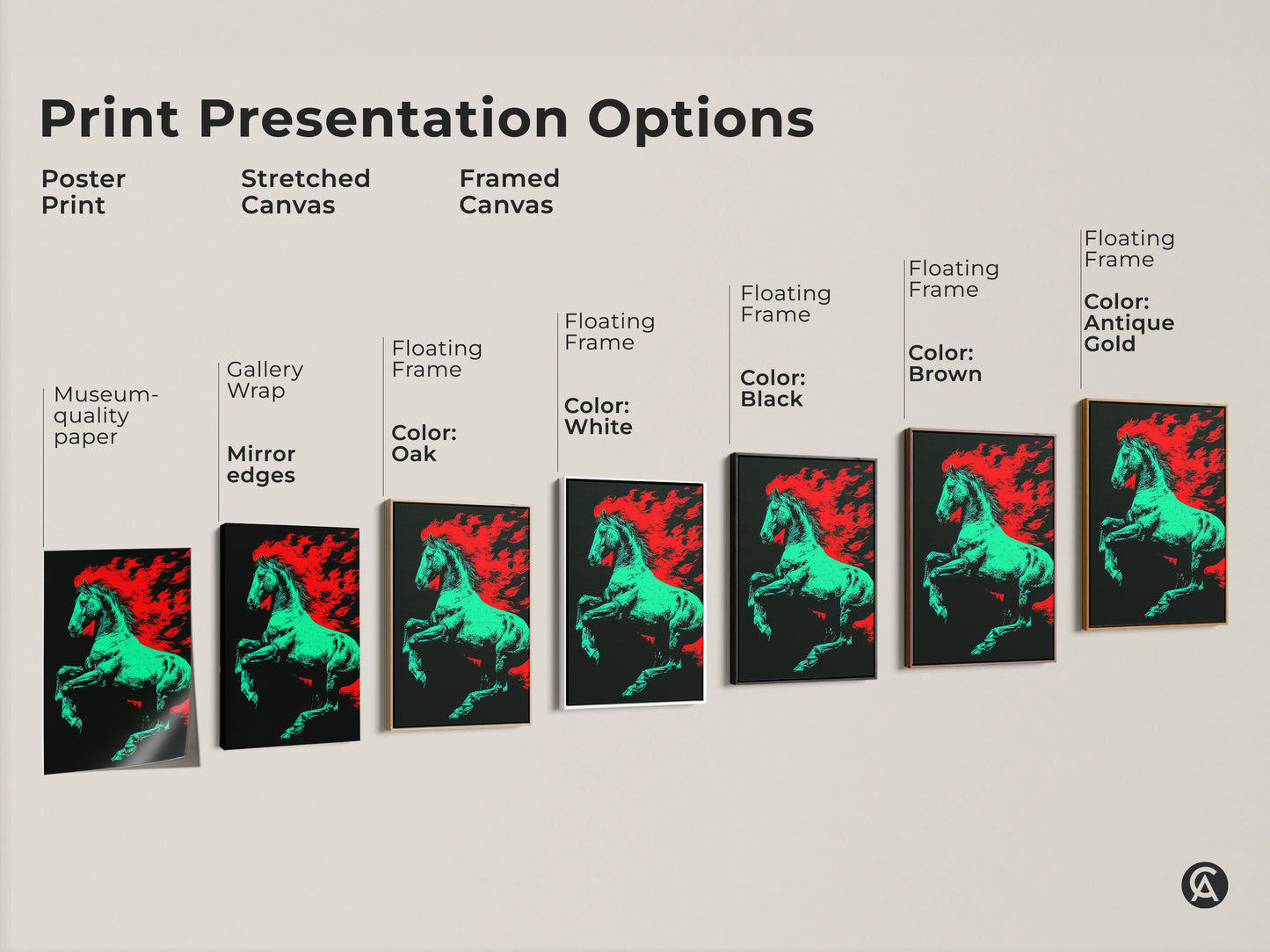 Explore print presentation options for the green and red flaming horse art. Choose from poster print stretched canvas or framed canvas. Multiple floating frame color options available. Find the perfect style for your space.