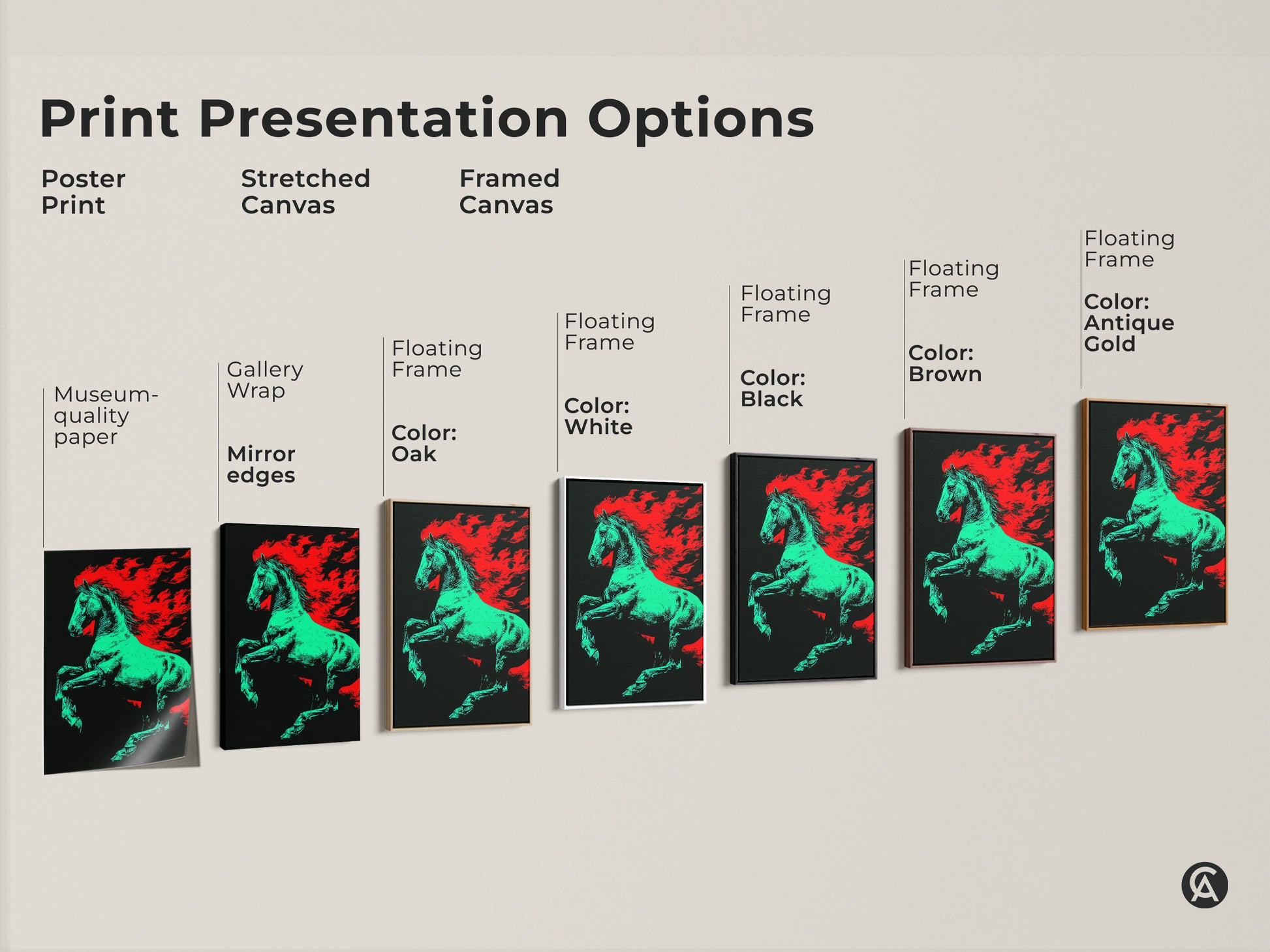 Explore print presentation options for the green and red flaming horse art. Choose from poster print stretched canvas or framed canvas. Multiple floating frame color options available. Find the perfect style for your space.