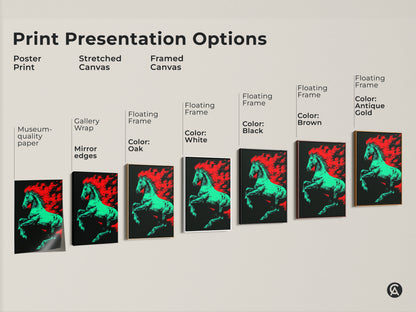 Explore print presentation options for the green and red flaming horse art. Choose from poster print stretched canvas or framed canvas. Multiple floating frame color options available. Find the perfect style for your space.