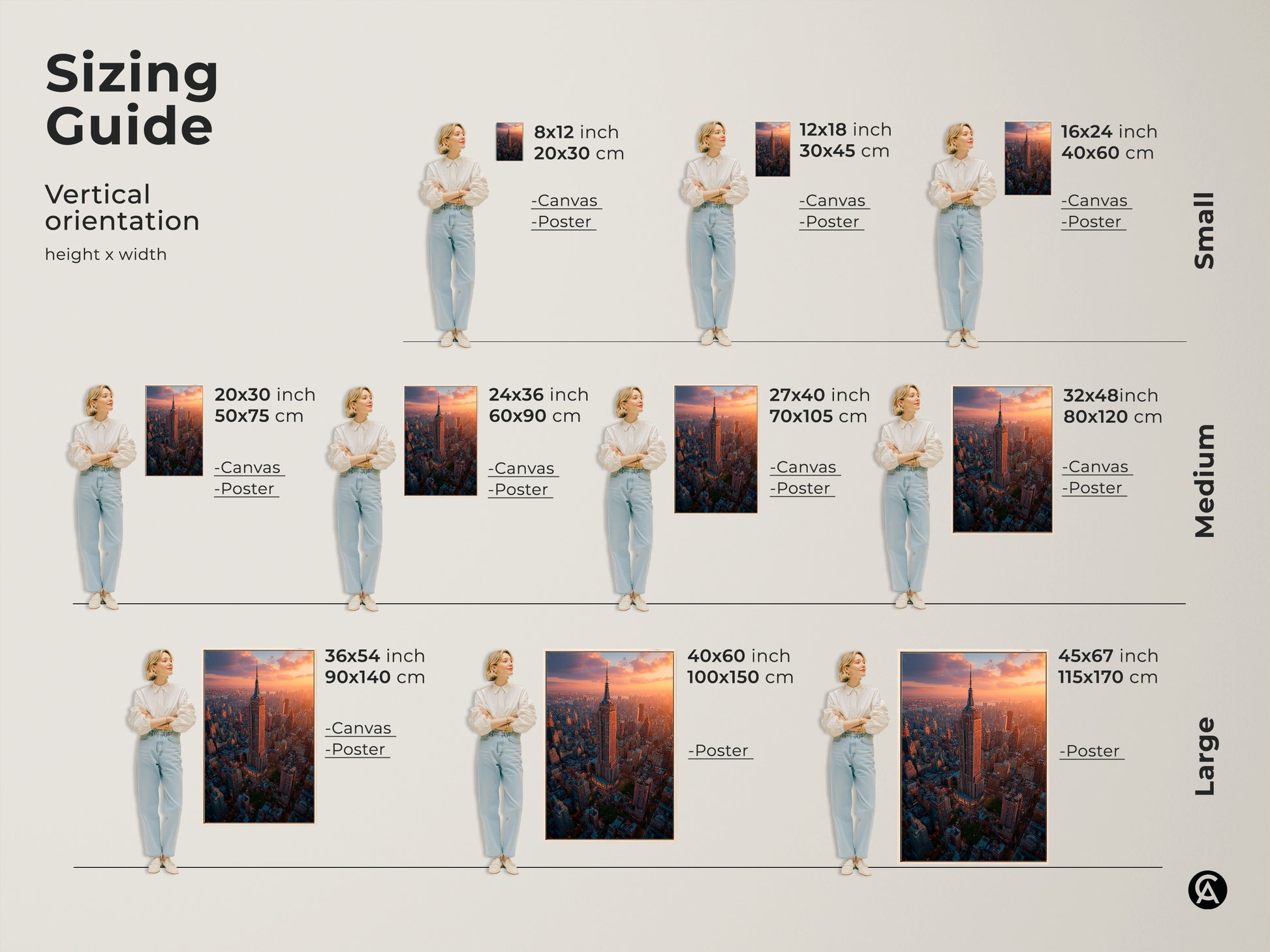 Discover the perfect size for your Empire State Building canvas or poster. This sizing guide showcases vertical orientations. Each option featuring the golden hour NYC cityscape to suit any wall space. Elevate your decor with the ideal fit