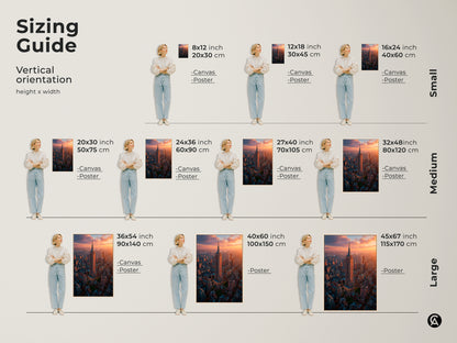 Discover the perfect size for your Empire State Building canvas or poster. This sizing guide showcases vertical orientations. Each option featuring the golden hour NYC cityscape to suit any wall space. Elevate your decor with the ideal fit