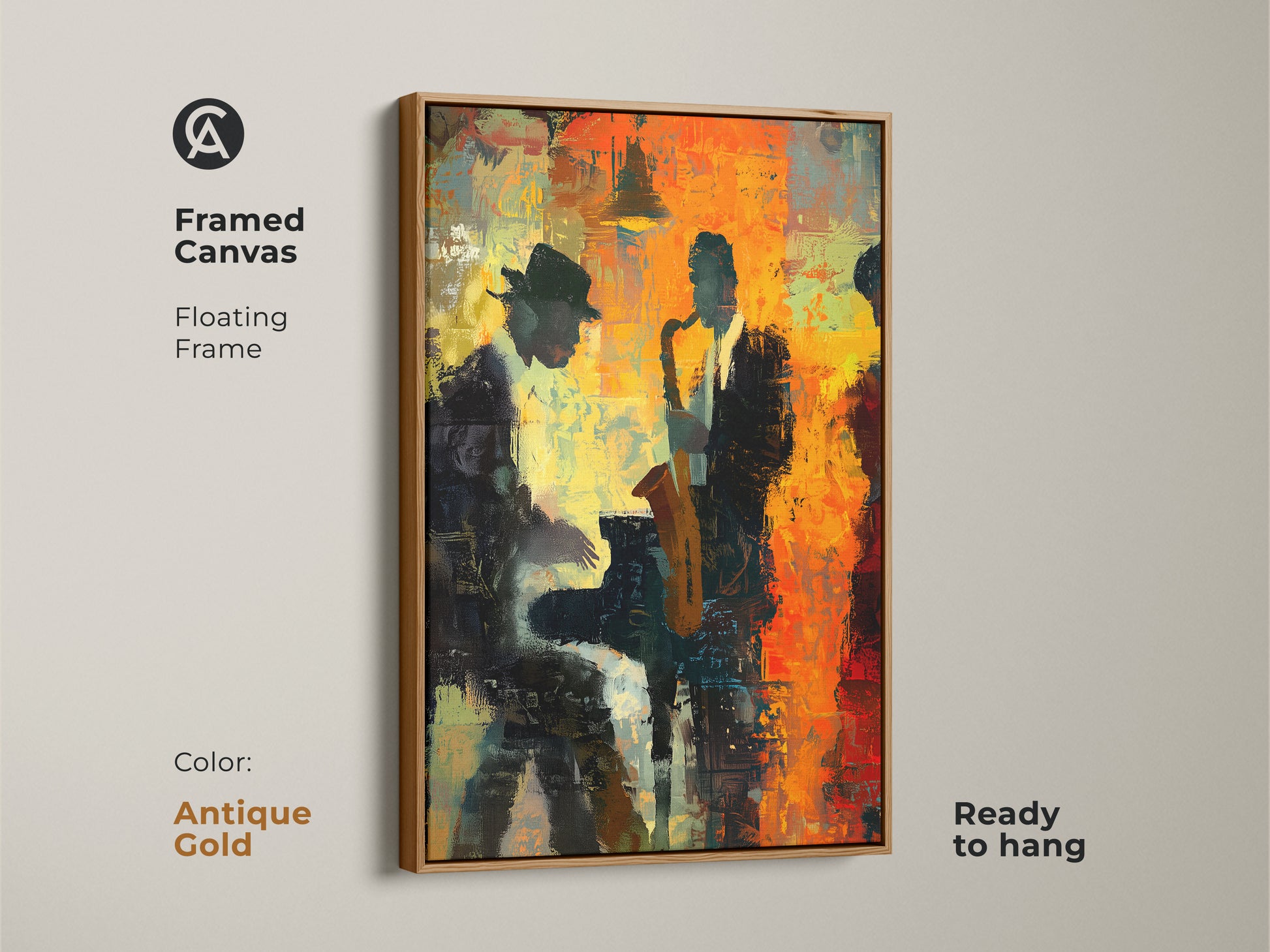 Framed canvas art print of a jazz band in action. The antique gold floating frame adds a touch of elegance to the artwork. This piece is ready to hang and will elevate any room. The painting captures the energy of a live jazz performance.