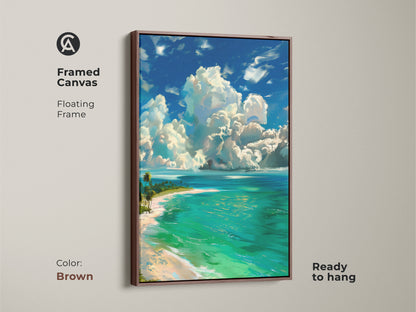 Bring coastal charm to your home with this beach artwork on framed canvas. The brown floating frame complements the turquoise ocean and white sand. Ready to hang this piece adds a touch of tranquility to any room.