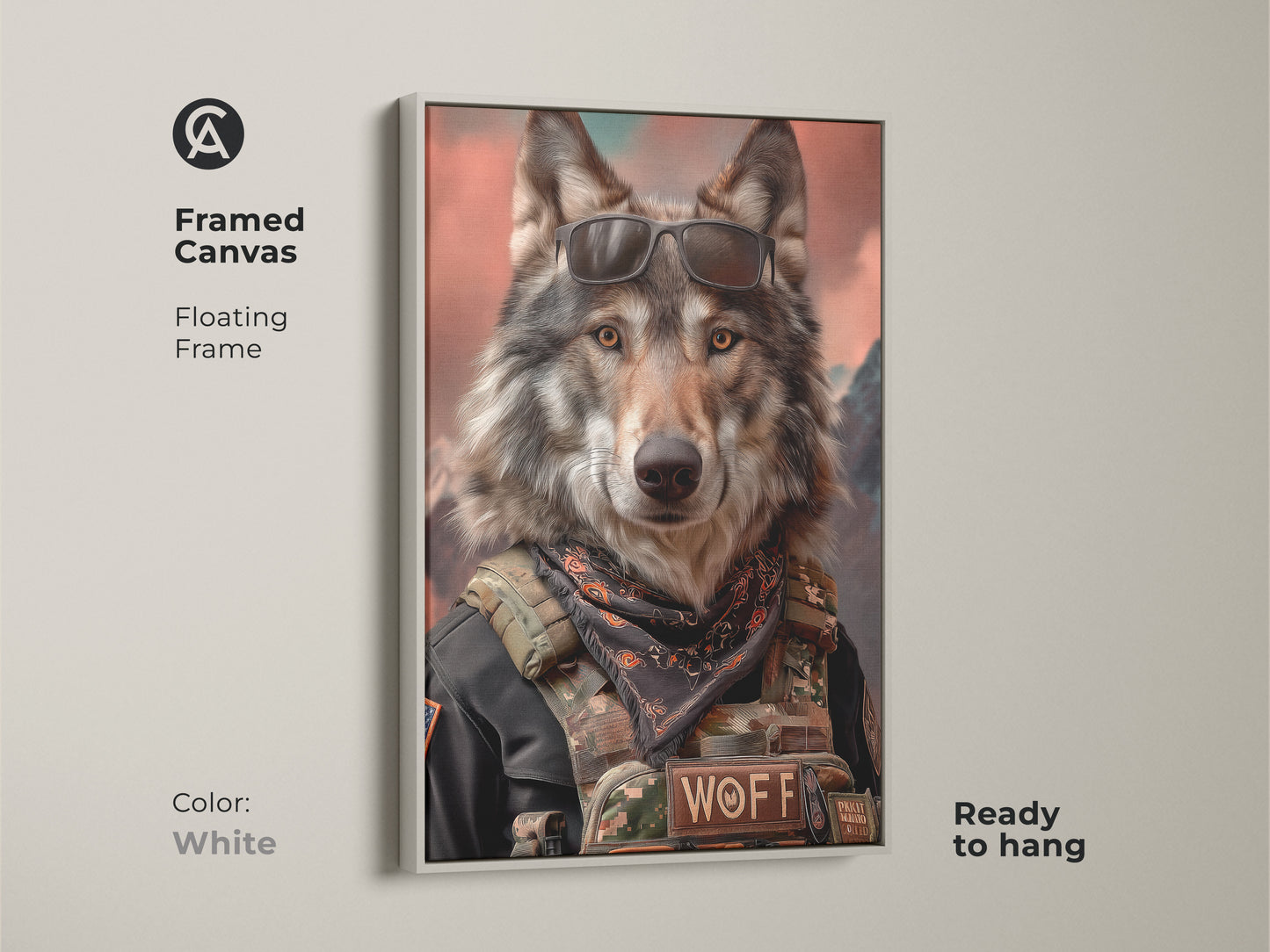 White Framed Canvas of a Patriotic Wolf Art. This ready-to-hang canvas displays a wolf in military attire and sunglasses. Perfect for eclectic wall hanging and patriotic decor. A unique gift for veterans and wolf enthusiasts. Enhance your office or man cave with this rugged animal print. Add wildlife charm to your space