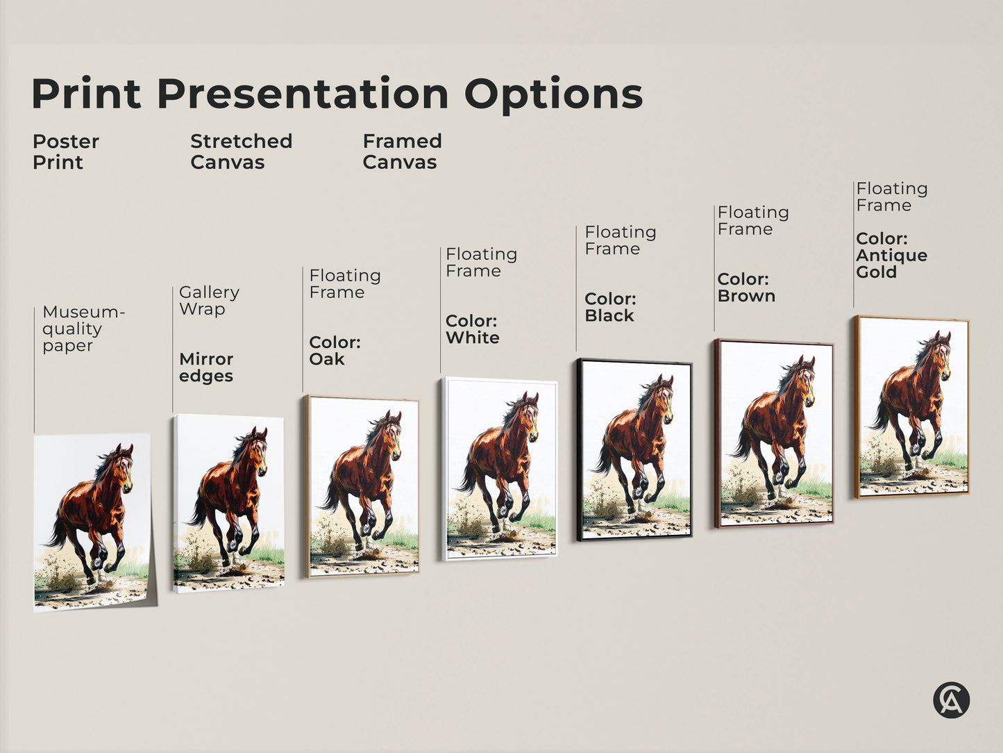 Explore print presentation options for the galloping horse artwork. Choose from poster prints stretched canvas and framed canvas. Find floating frames in various colors. This rustic sienna brown horse art suits any decor style. Perfect horse lover gifts.