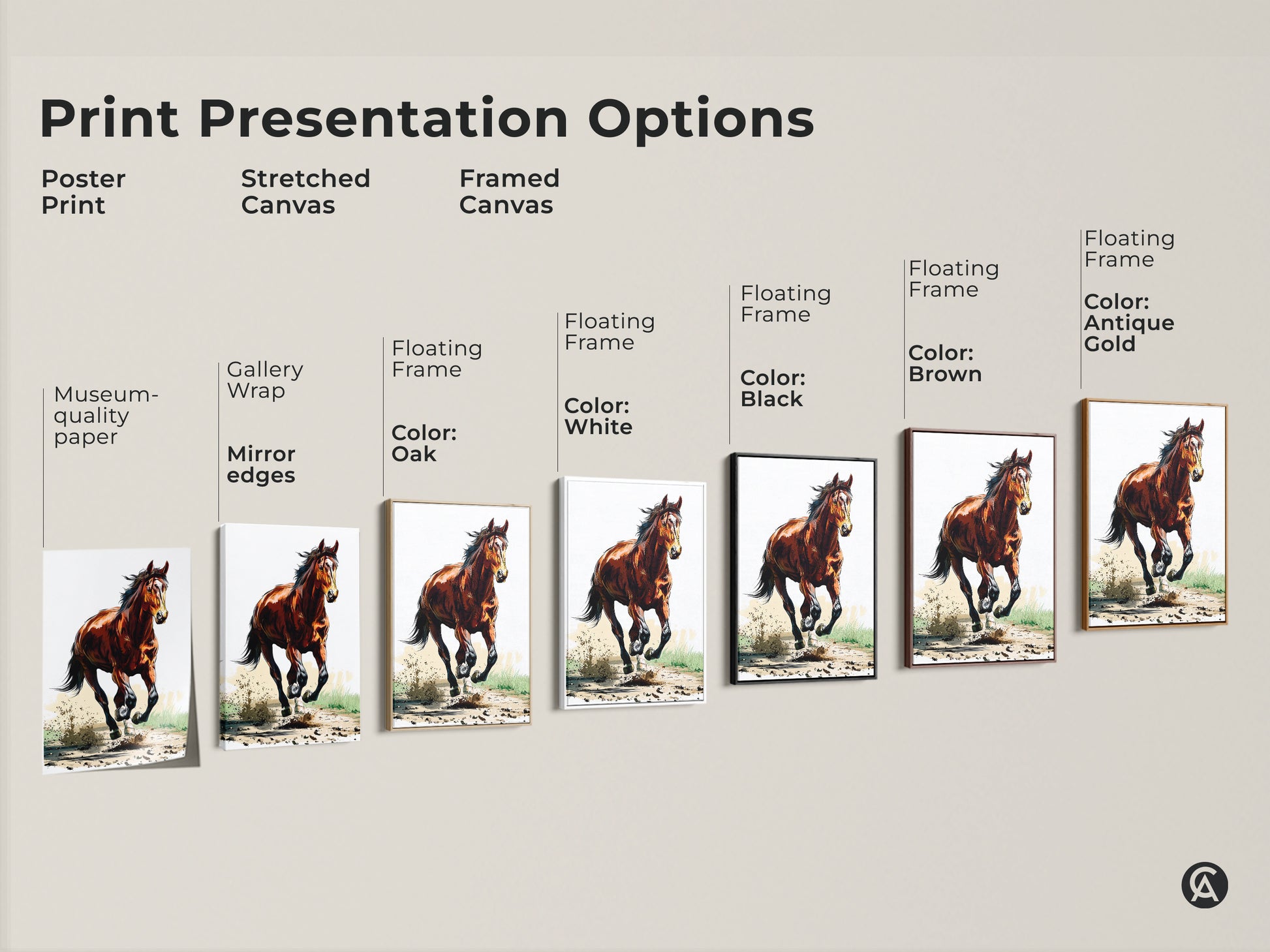 Explore print presentation options for the galloping horse artwork. Choose from poster prints stretched canvas and framed canvas. Find floating frames in various colors. This rustic sienna brown horse art suits any decor style. Perfect horse lover gifts.