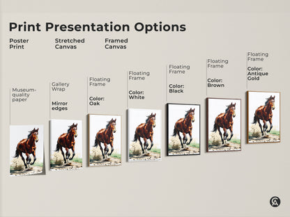 Explore print presentation options for the galloping horse artwork. Choose from poster prints stretched canvas and framed canvas. Find floating frames in various colors. This rustic sienna brown horse art suits any decor style. Perfect horse lover gifts.