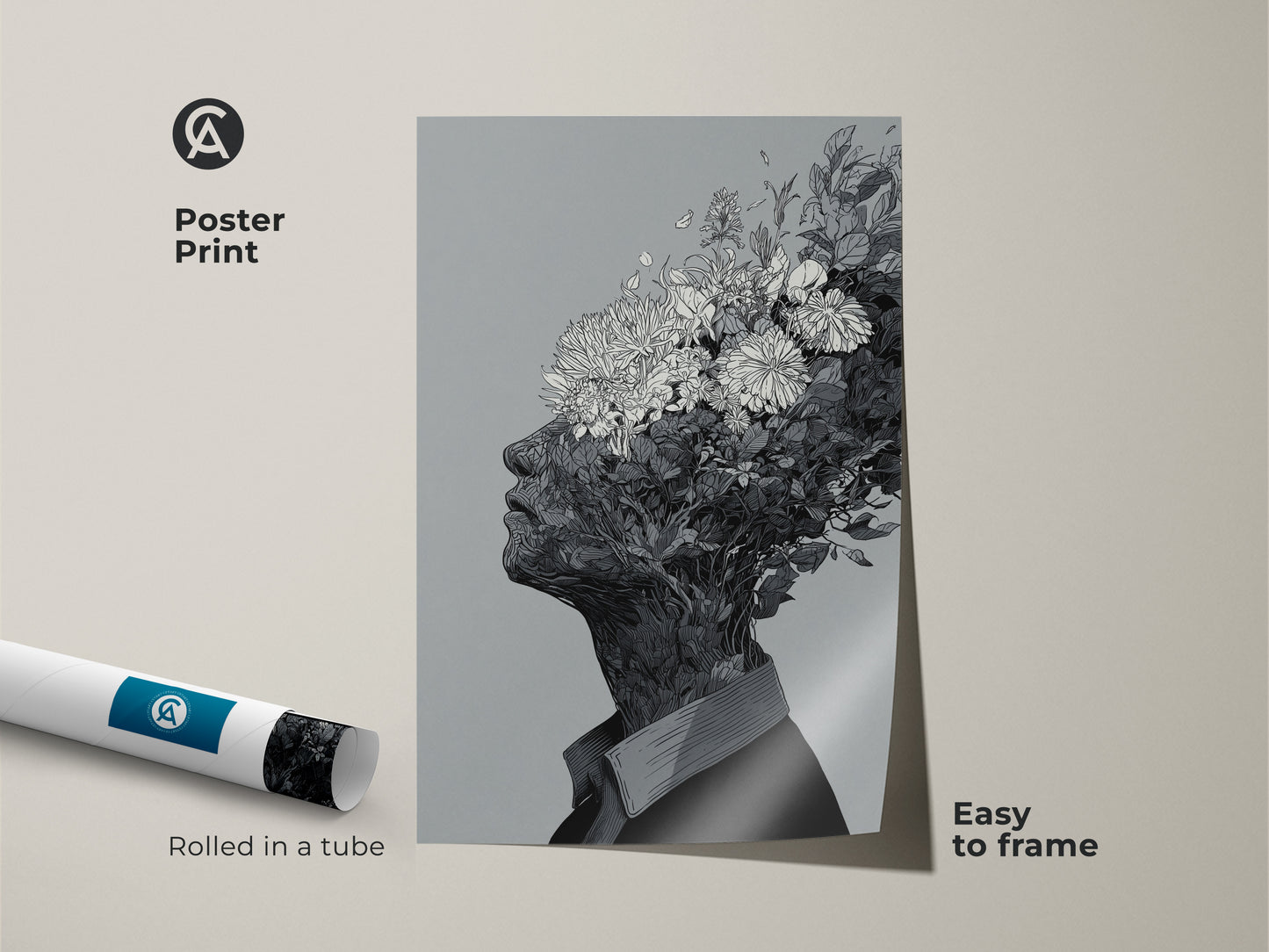 Poster print of a black and white floral head artwork. The art features a profile of a person with flowers. The poster is easy to frame. This museum-quality paper print is rolled in a tube for protection.