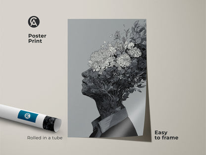 Poster print of a black and white floral head artwork. The art features a profile of a person with flowers. The poster is easy to frame. This museum-quality paper print is rolled in a tube for protection.