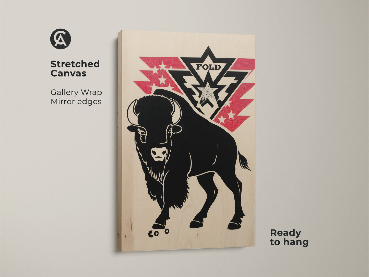 Stretched canvas featuring a black bison and retro red stars. Gallery wrapped with mirror edges gives it a museum-quality look. Ready to hang wildlife print adds western charm to any room. Perfect Americana artwork.