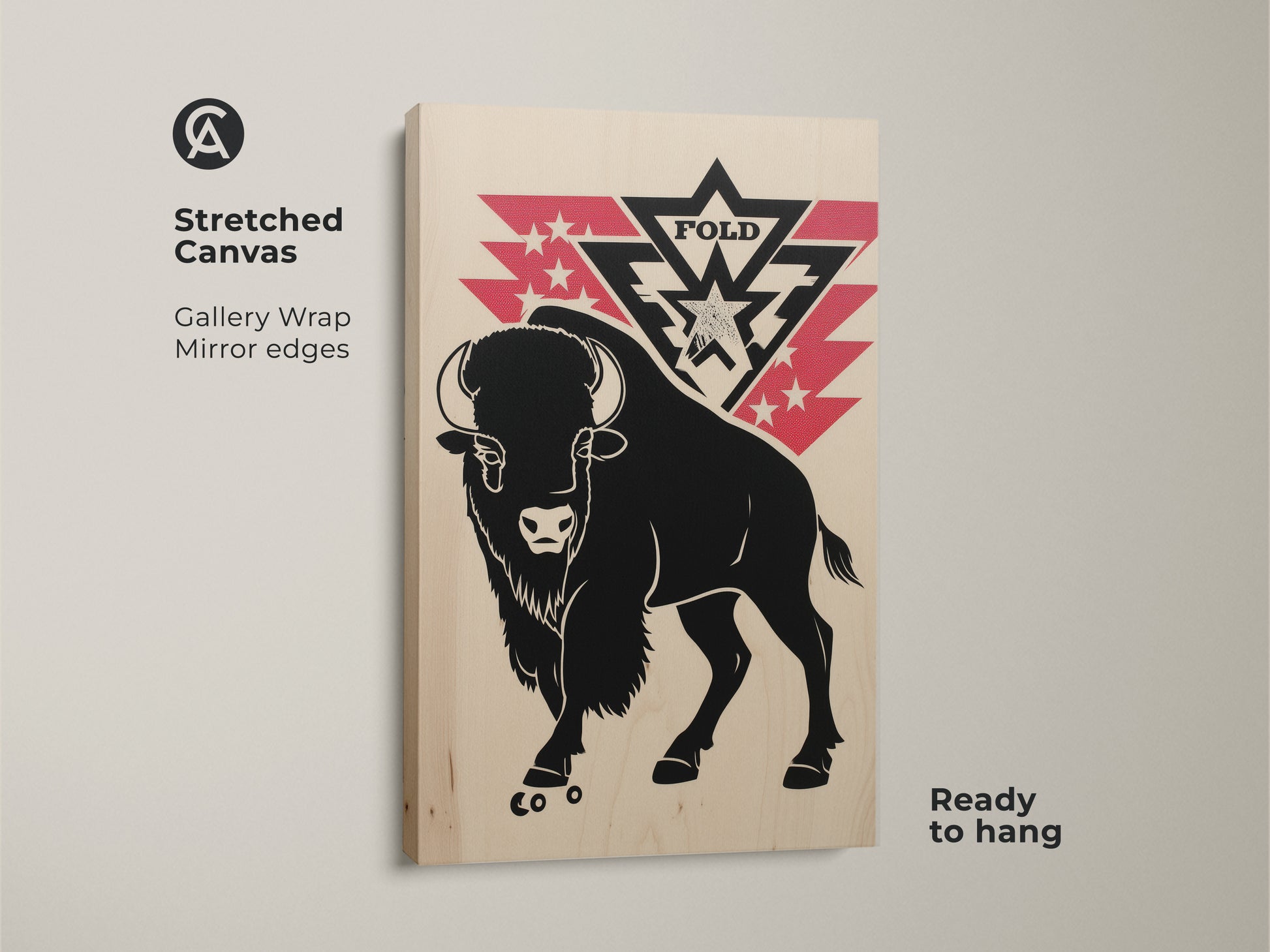 Stretched canvas featuring a black bison and retro red stars. Gallery wrapped with mirror edges gives it a museum-quality look. Ready to hang wildlife print adds western charm to any room. Perfect Americana artwork.