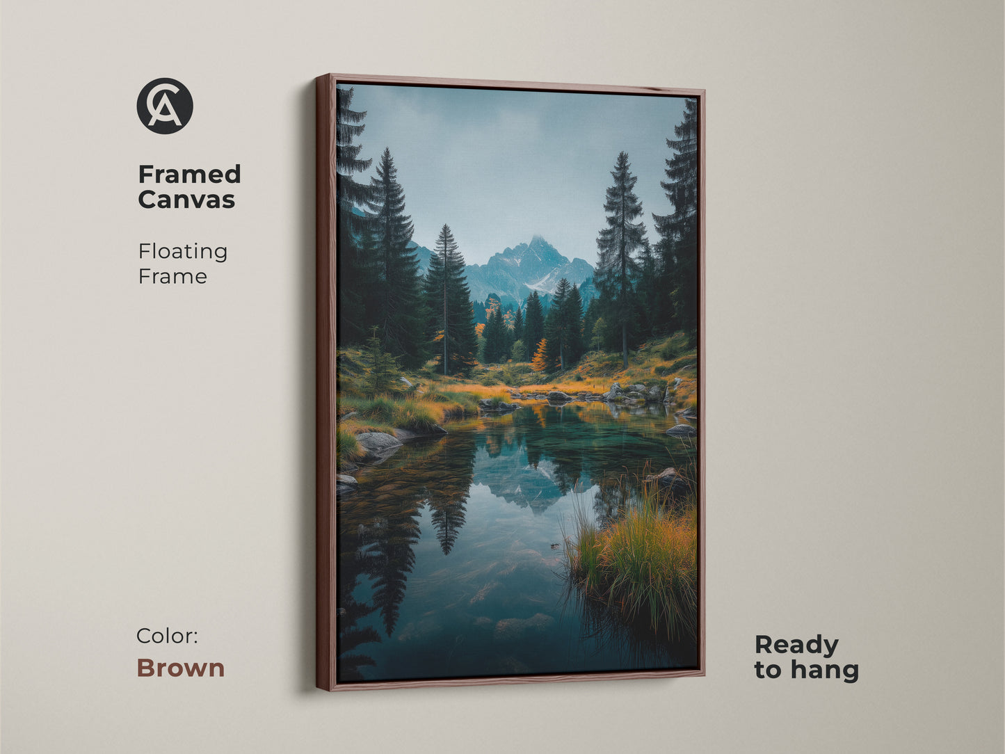 Brown framed canvas art. The warm brown floating frame complements the mountain lake scene. Ready to hang this artwork adds a cozy touch. Perfect for living rooms or offices. Shop now for framed art.