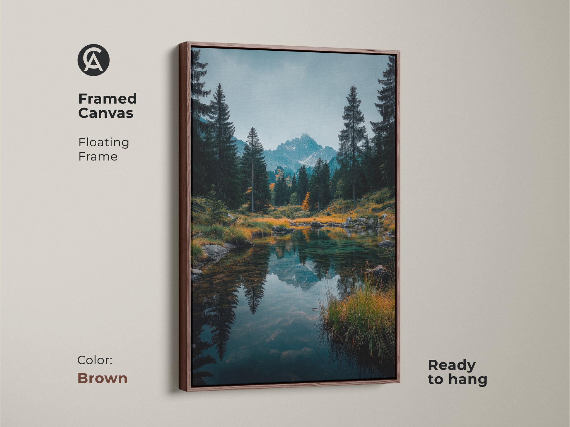 Brown framed canvas art. The warm brown floating frame complements the mountain lake scene. Ready to hang this artwork adds a cozy touch. Perfect for living rooms or offices. Shop now for framed art.