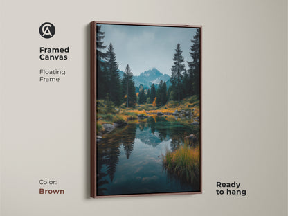 Brown framed canvas art. The warm brown floating frame complements the mountain lake scene. Ready to hang this artwork adds a cozy touch. Perfect for living rooms or offices. Shop now for framed art.