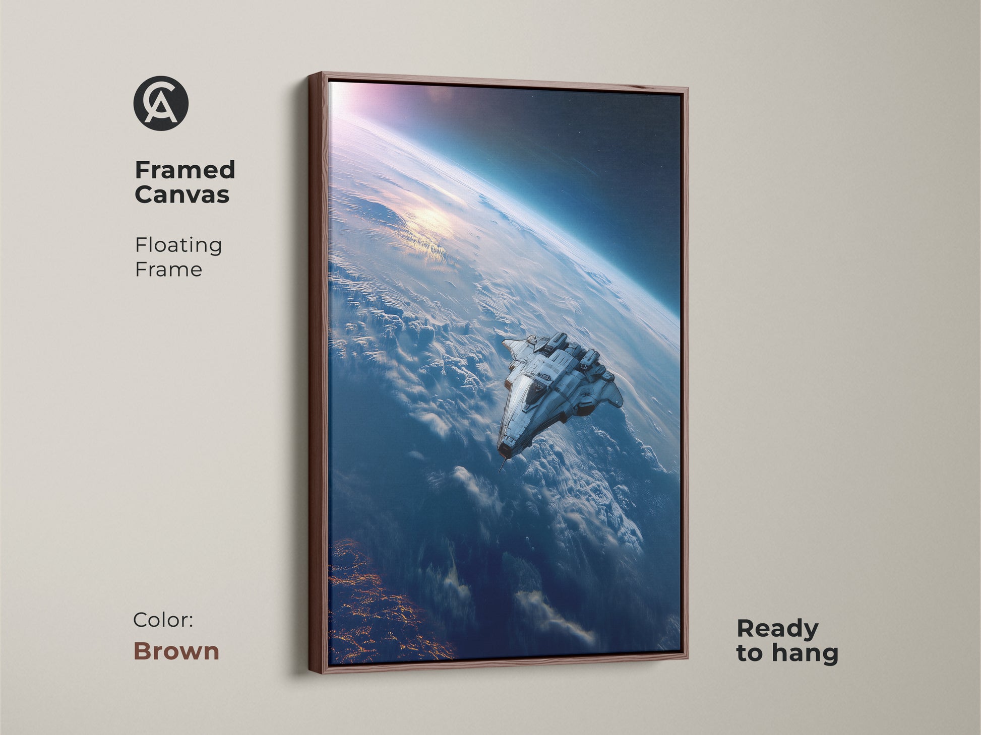 Brown Framed Canvas Sci-Fi Space Art Print featuring a futuristic spaceship over Earth. This ready-to-hang deep blue artwork brings a cosmic exploration theme to your decor.