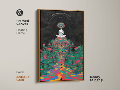 Antique gold framed canvas features a meditating figure in a psychedelic mushroom forest. The floating frame showcases trippy surrealism artwork. This indigo green abstract print is ready to hang as eclectic home decor.