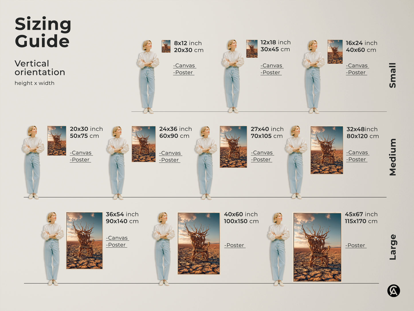 Sizing guide for vertical orientation artwork featuring a desert landscape print. It's shown in canvas and poster options with height and width dimensions. Perfect for art lover housewarming gift.