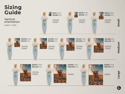Sizing guide for vertical orientation artwork featuring a desert landscape print. It's shown in canvas and poster options with height and width dimensions. Perfect for art lover housewarming gift.