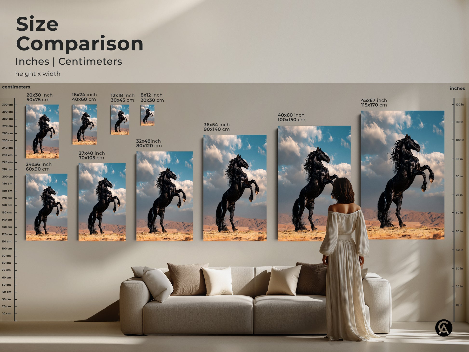Size comparison of black horse canvas art. See how different sizes enhance your living room. Choose the ideal dimensions for your space. Find your perfect art piece today.