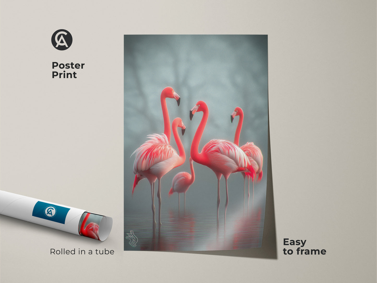 Poster print showcasing photorealistic flamingos in a coastal setting. This easy-to-frame artwork features coral pink and teal tones. The wildlife nature print is perfect for adding a touch of elegance. A great gift idea for bird lovers this print enhances any space. Rolled in a tube for protection.