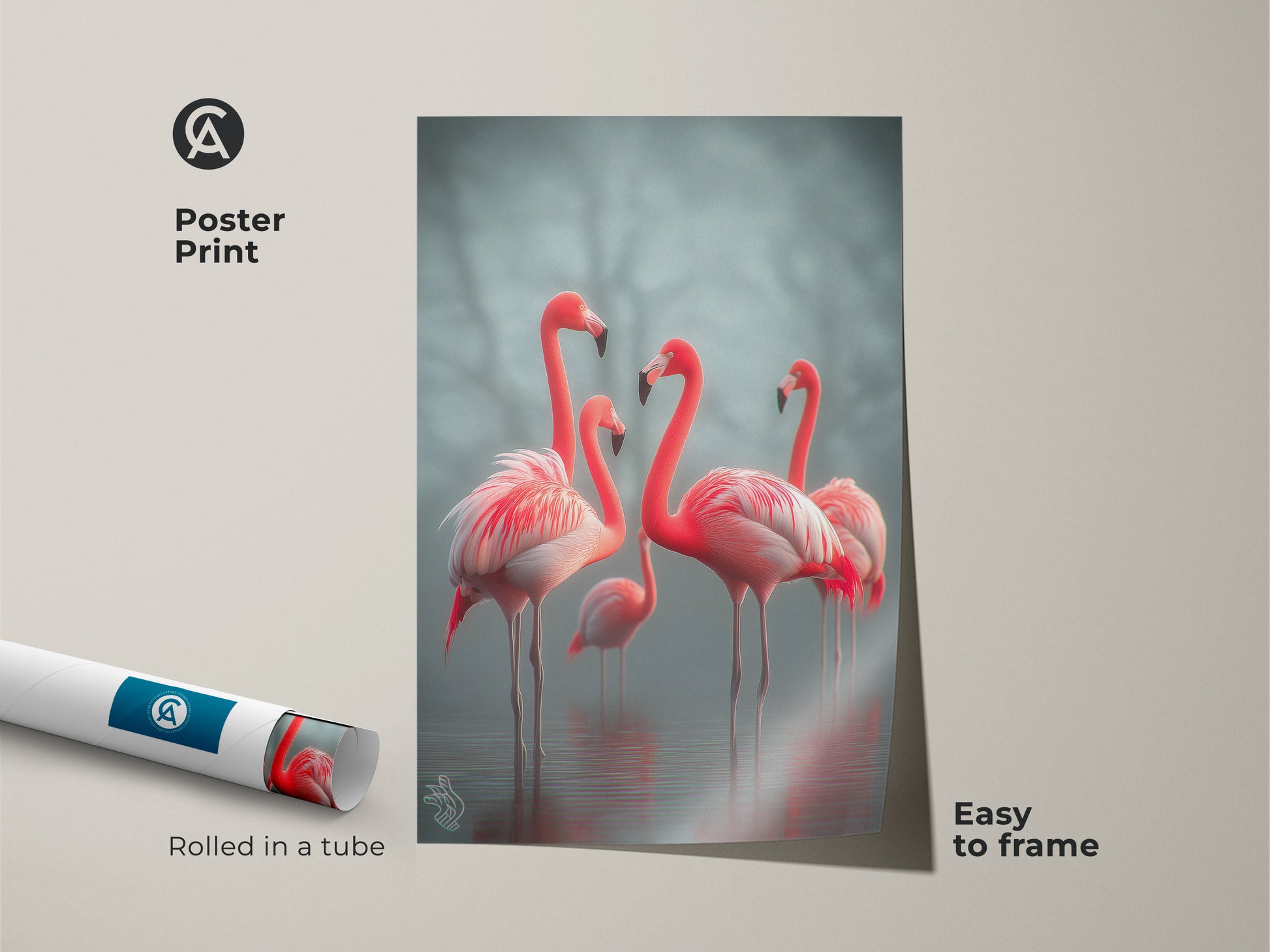 Poster print showcasing photorealistic flamingos in a coastal setting. This easy-to-frame artwork features coral pink and teal tones. The wildlife nature print is perfect for adding a touch of elegance. A great gift idea for bird lovers this print enhances any space. Rolled in a tube for protection.