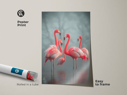 Poster print showcasing photorealistic flamingos in a coastal setting. This easy-to-frame artwork features coral pink and teal tones. The wildlife nature print is perfect for adding a touch of elegance. A great gift idea for bird lovers this print enhances any space. Rolled in a tube for protection.