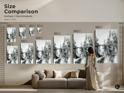 Size comparison of castle art prints. The artwork is a detailed sketch of a fantasy castle. Available as canvas or poster. Sizes range from small to large. Find the ideal size to enhance your living room decor.