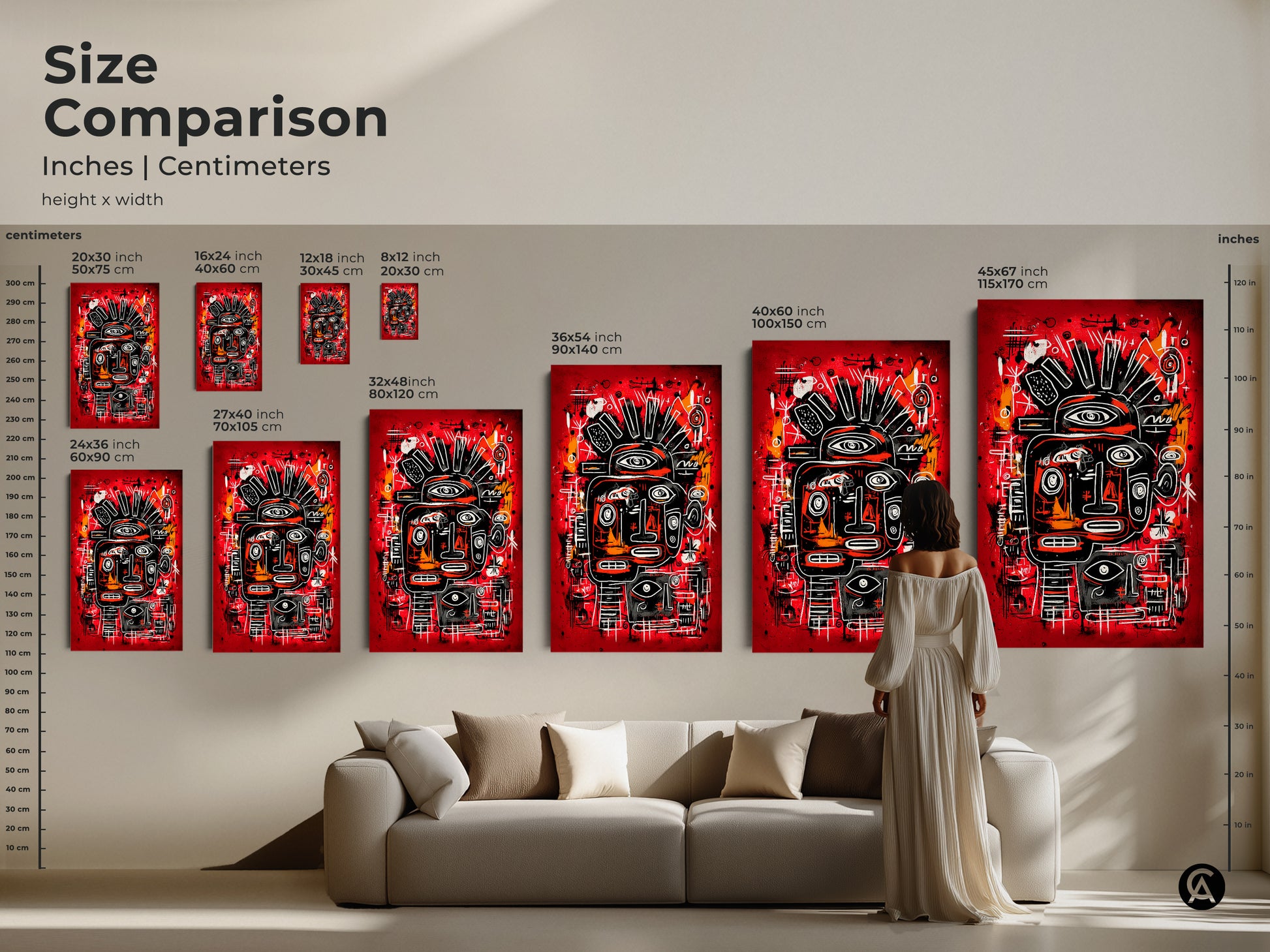 A size comparison of an abstract face artwork in inches and centimeters. The artwork features a red background. It is available in various sizes to fit any space. Shop now and find the perfect size