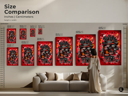 A size comparison of an abstract face artwork in inches and centimeters. The artwork features a red background. It is available in various sizes to fit any space. Shop now and find the perfect size
