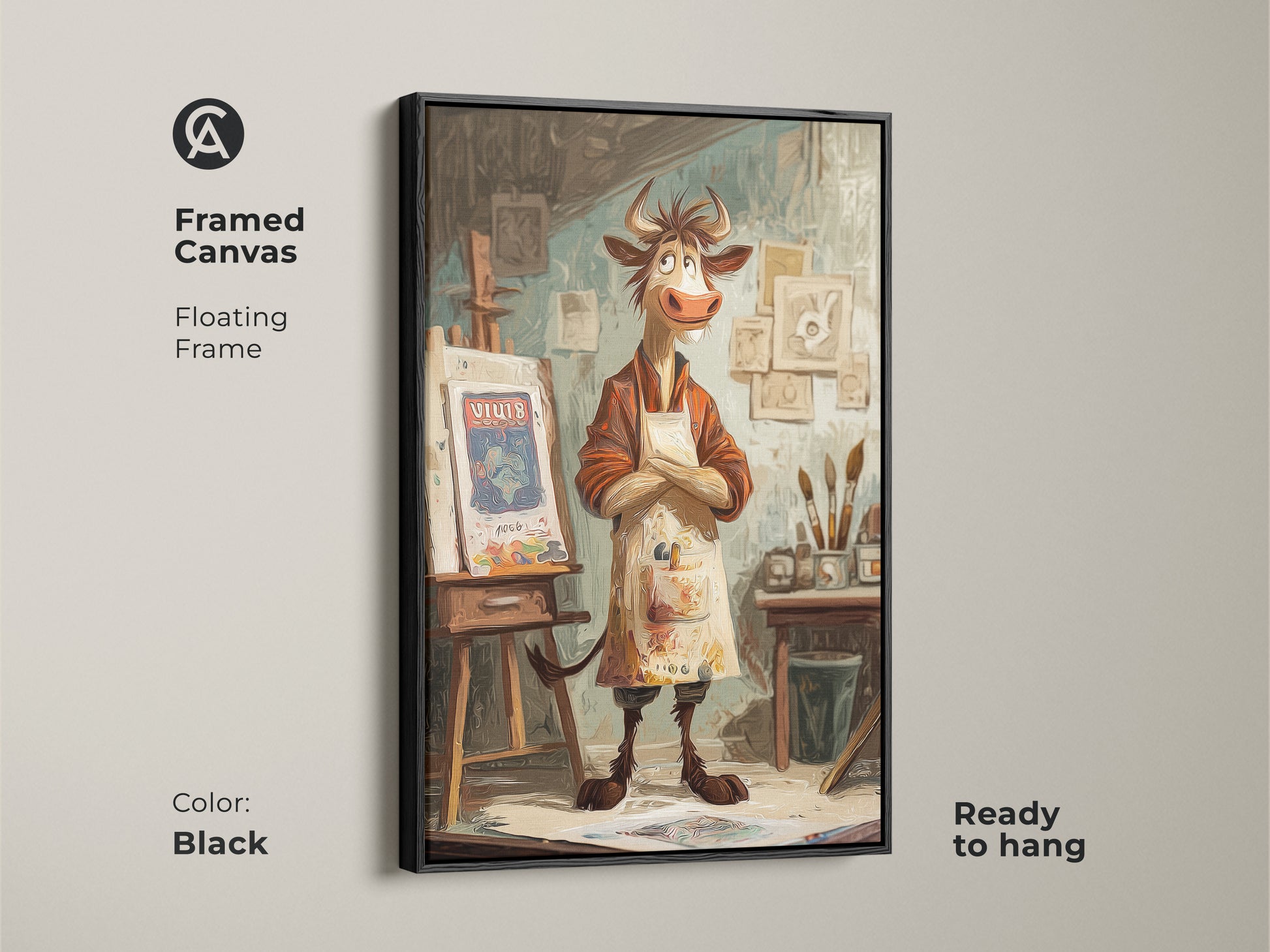 Framed canvas of a cartoon cow artist with a floating black frame. This whimsical cow wall art is ready to hang. The studio easel painting adds an eclectic touch. Perfect animal artwork for an art lover's birthday gift. It brings a creative vibe.