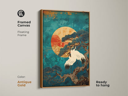 Framed Canvas with antique gold floating frame featuring Japandi Teal Cranes and Pine Tree artwork. This Ukiyo-e home decor adds a touch of elegance. Ready to hang this Japanese style art is perfect for oriental bedroom decor bringing mindfulness and natural beauty to any room.