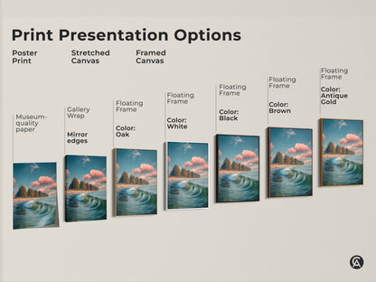 Print presentation options for coastal artwork. View the poster print stretched canvas and framed canvas options. Teal pine tree beach art available in various styles. Choose the perfect contemporary ocean artwork for your home. Find serene seascape artwork.