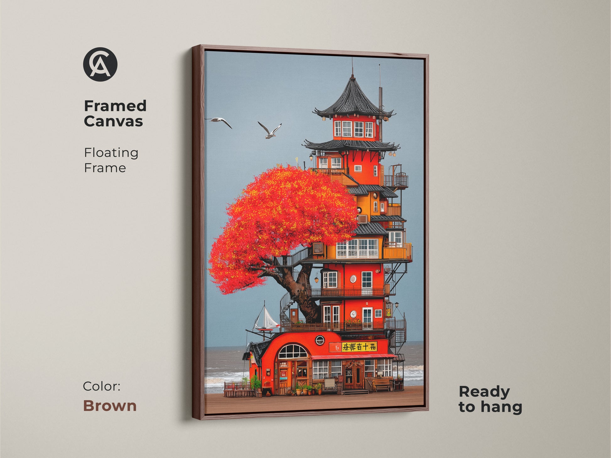 Framed antique gold canvas art featuring a whimsical Japanese Pagoda coastal tower. The artwork shows a red tree seascape with boho beach home decor influences. Floating frame makes it ready to hang as fantasy travel gift.