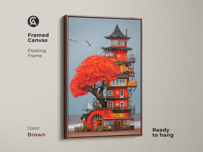 Framed antique gold canvas art featuring a whimsical Japanese Pagoda coastal tower. The artwork shows a red tree seascape with boho beach home decor influences. Floating frame makes it ready to hang as fantasy travel gift.