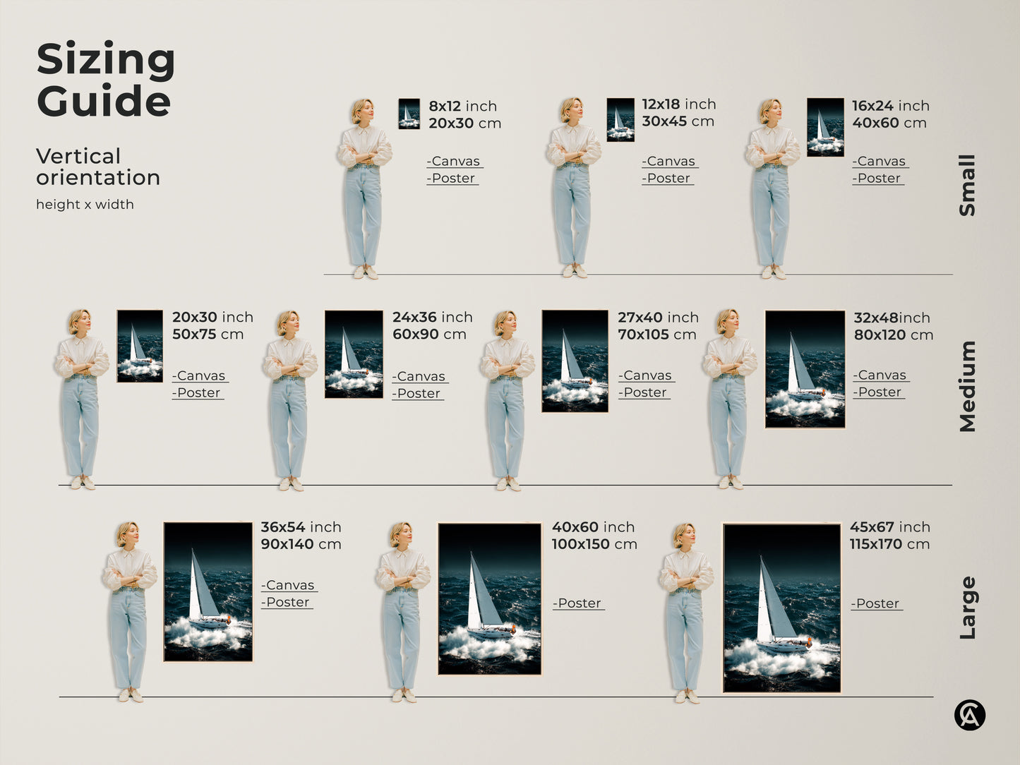 Sizing guide for coastal sailboat canvas and poster artwork. Vertical orientation examples show 8x12 inch to 45x67 inch prints. Decorate your walls with nautical ocean wave art. Find perfect gift.