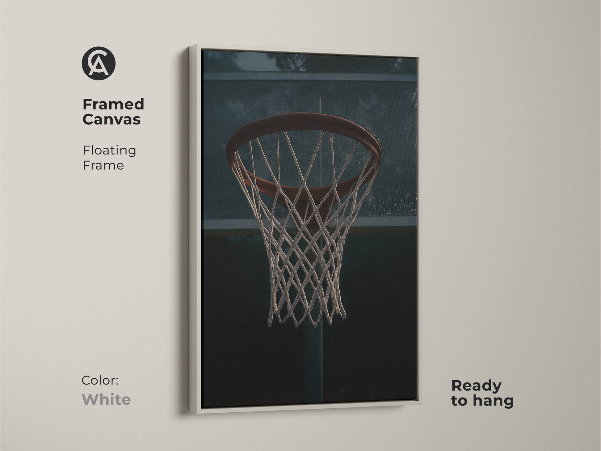 Framed canvas of a basketball hoop with a floating frame in white. This minimalist sports print is ready to hang in any space. This game room artwork adds an athletic touch to your home decor. The urban sports wall art is perfect for a man cave.