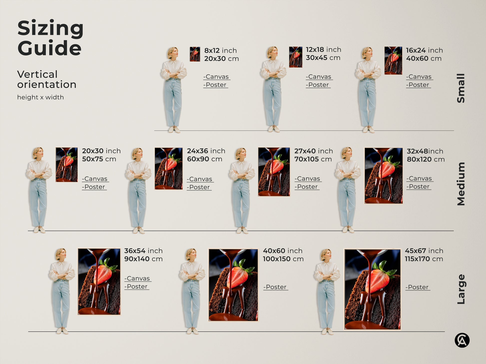 Sizing guide for chocolate cake artwork. Vertical orientation with height and width options. It shows canvas and poster options. The gourmet dessert canvas is perfect for any modern space.