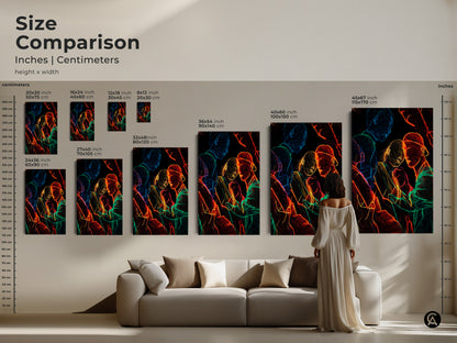 Size comparison of neon line art prints for contemporary home decor. Inches and Centimeters size chart. Various sizes of the canvas and poster of the abstract figurative people artwork. Perfect for adding a modern edgy touch.
