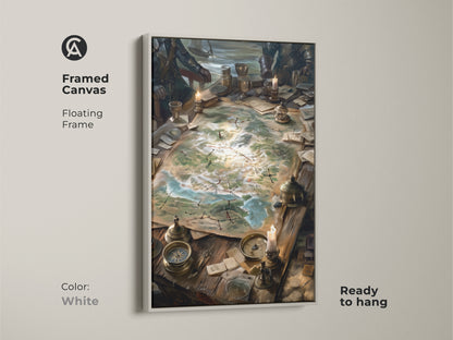 A framed canvas print displays a fantasy strategy session. The artwork shows a map on a table with various war planning items. The canvas is framed in a clean white floating frame. Ready to hang this artwork enhances any room.