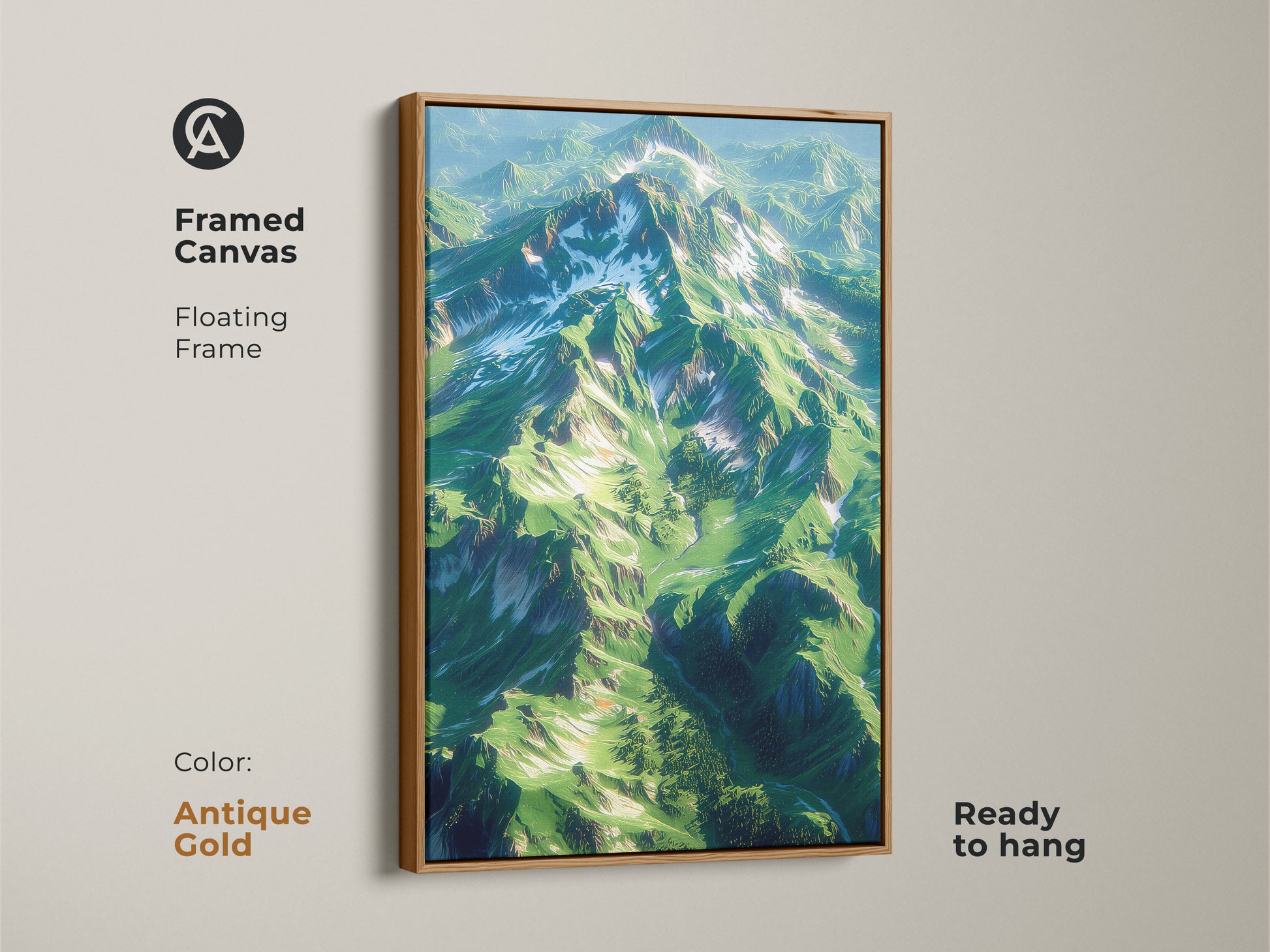 Add a touch of elegance with this framed canvas mountain artwork. The antique gold floating frame enhances the vibrant green landscape. This ready-to-hang piece brings a sophisticated natural element to your wall decor.