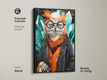 A framed canvas displays the professor owl artwork. The black floating frame accentuates the surreal crystal details. Emerald orange and black hues bring this academic piece to life. It's a perfect gift for professors looking to enhance their office decor. The art adds an intellectual and creative touch to any space.