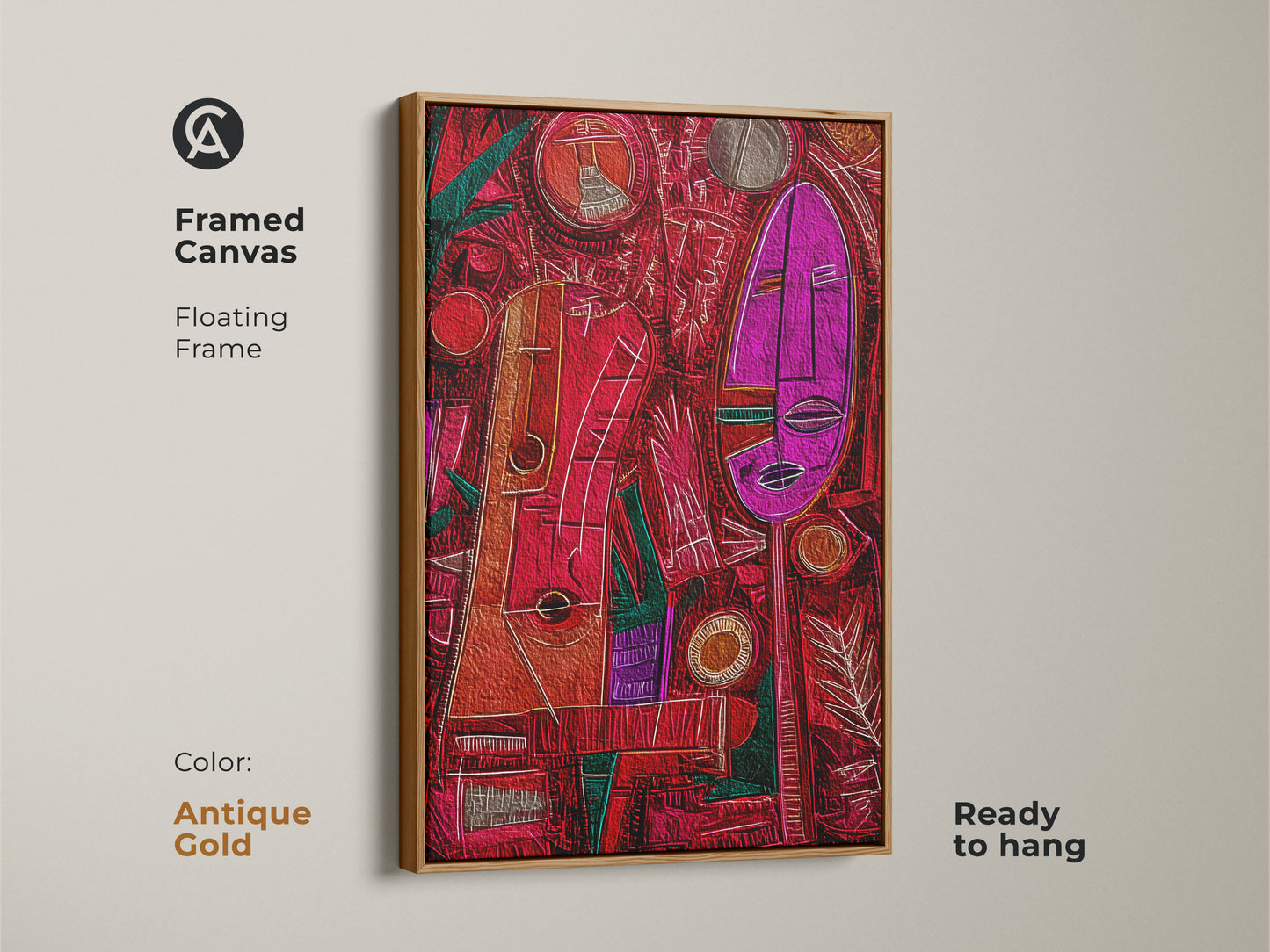 Framed canvas features antique gold frame. Abstract tribal faces are in geometric patterns. This artistic face print is a unique home decor. This canvas is ready to hang in your living room or office.