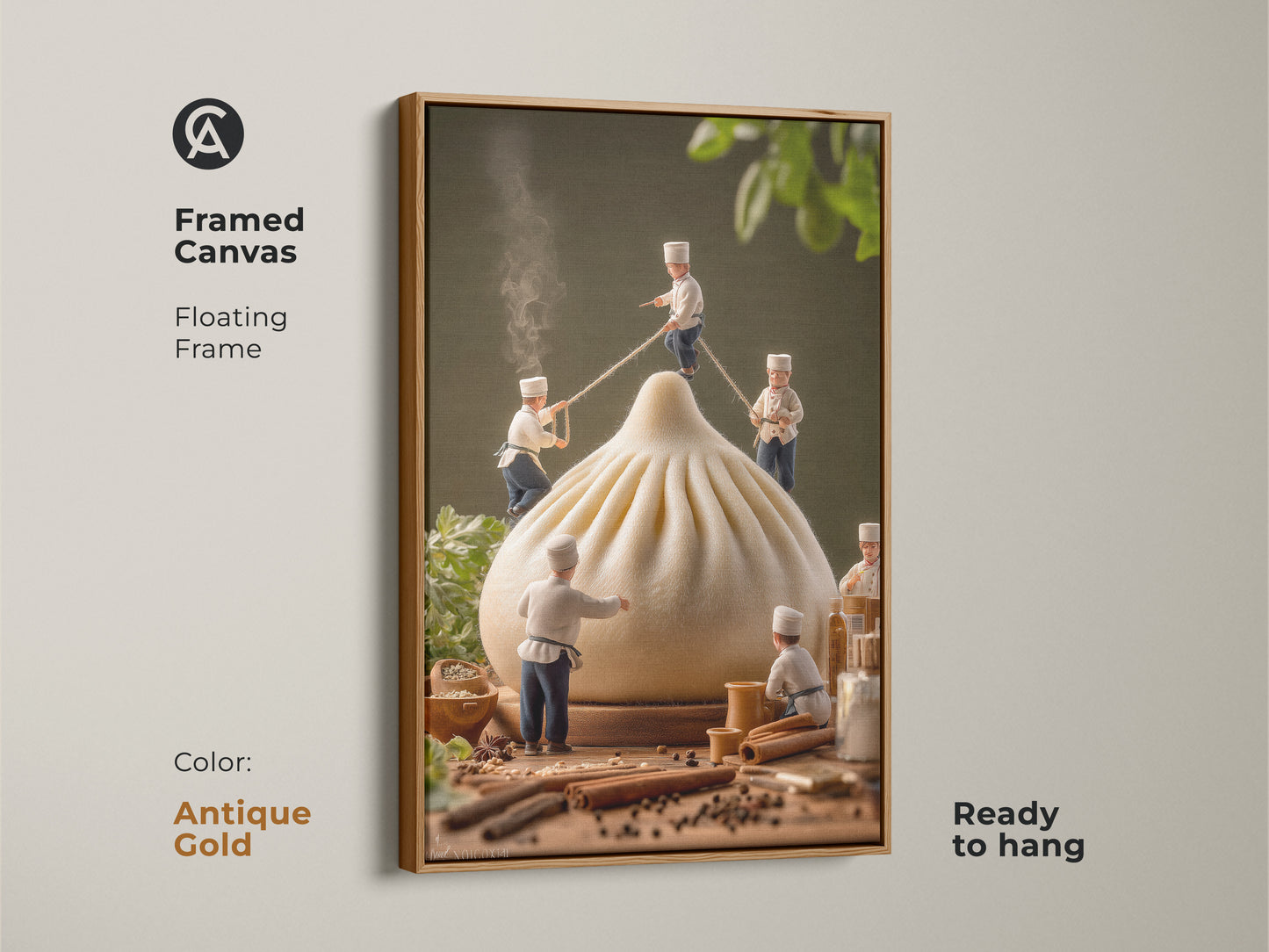 Antique gold framed canvas artwork of miniature chefs. They're working on a dumpling. This ready-to-hang piece adds elegance. The food theme is perfect for culinary spaces. The art is a unique conversation starter. It enhances your interior aesthetics.