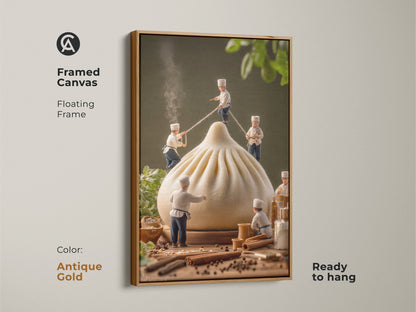 Antique gold framed canvas artwork of miniature chefs. They're working on a dumpling. This ready-to-hang piece adds elegance. The food theme is perfect for culinary spaces. The art is a unique conversation starter. It enhances your interior aesthetics.
