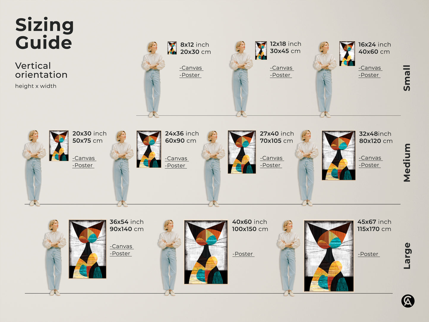 Sizing guide showcasing vertical orientations of the Geometric Cat Art Print. Available in canvas and poster options. Sizes range from small medium to large to fit any space perfectly.