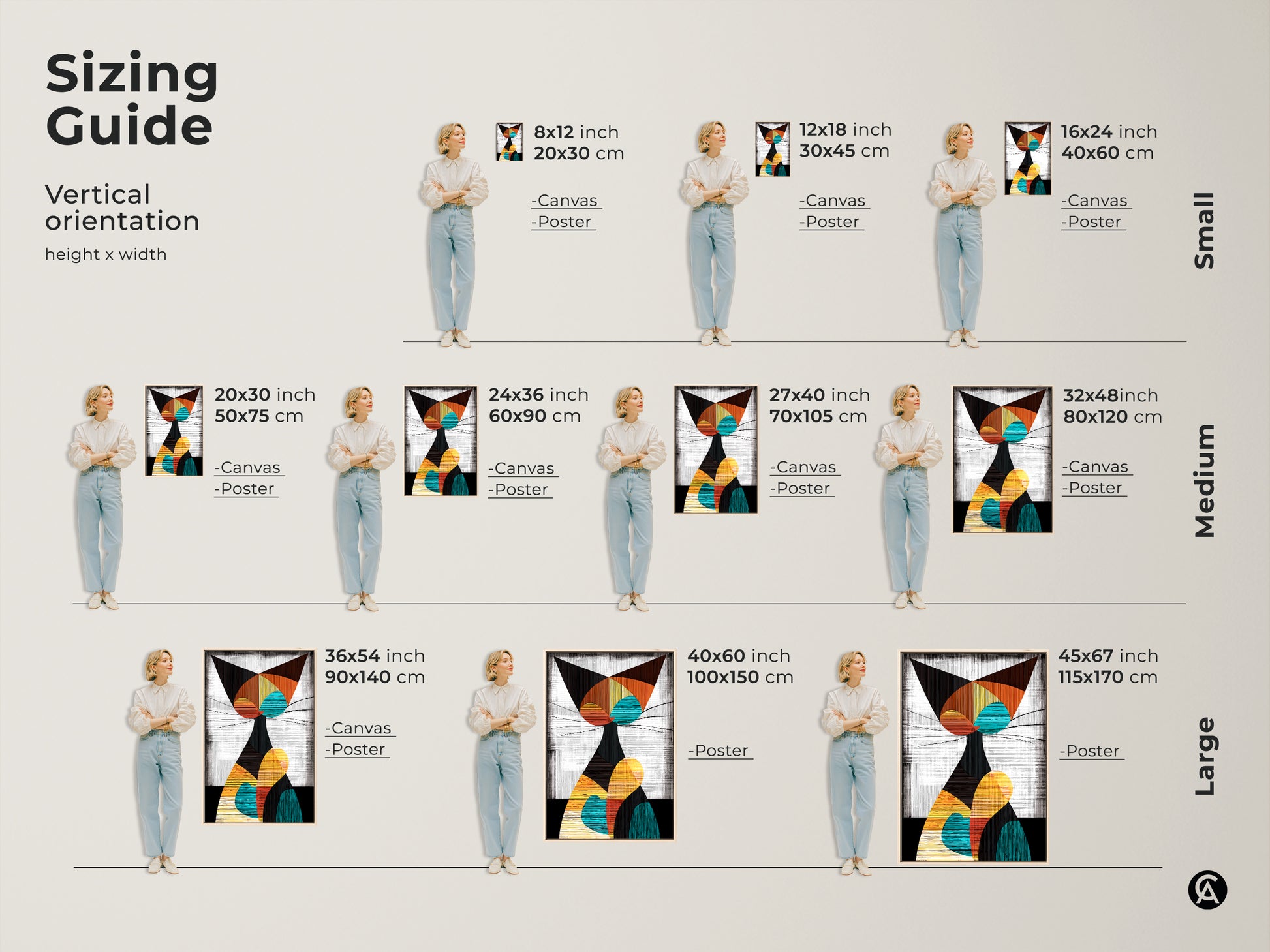 Sizing guide showcasing vertical orientations of the Geometric Cat Art Print. Available in canvas and poster options. Sizes range from small medium to large to fit any space perfectly.