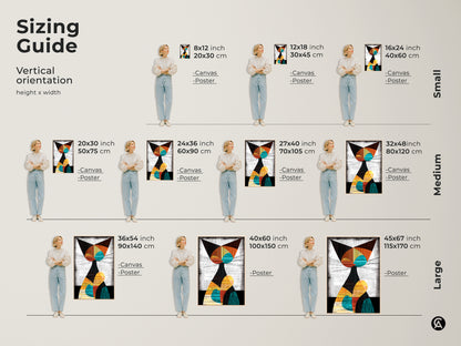 Sizing guide showcasing vertical orientations of the Geometric Cat Art Print. Available in canvas and poster options. Sizes range from small medium to large to fit any space perfectly.